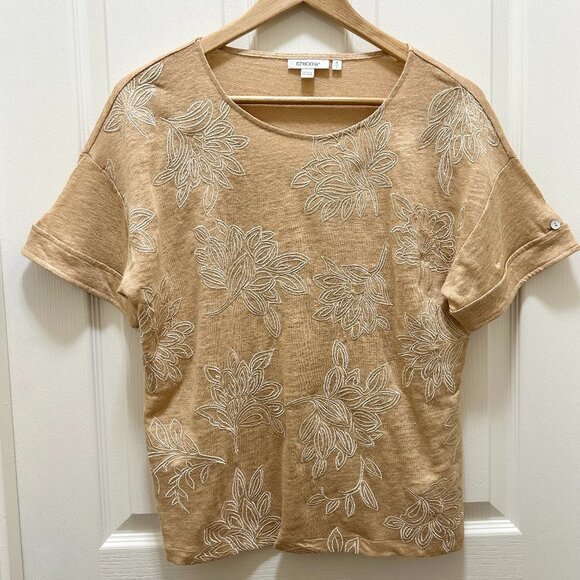 Chicos Women's 100% Linen Embroidered Knit Top Size 0 (Small) Tan Floral Boho - Picture 7 of 13